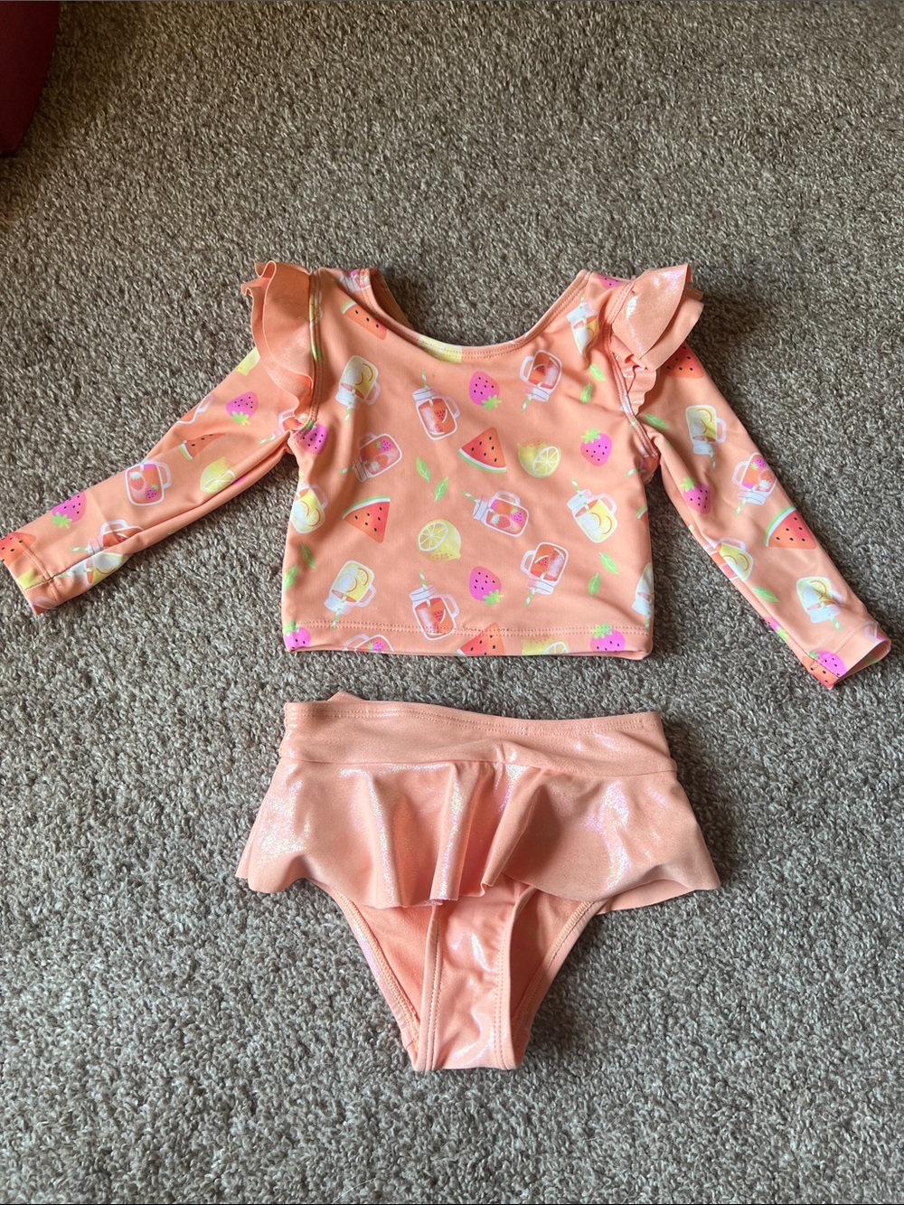 Peach Long-Sleeve Ruffle Kids Rashguard Set